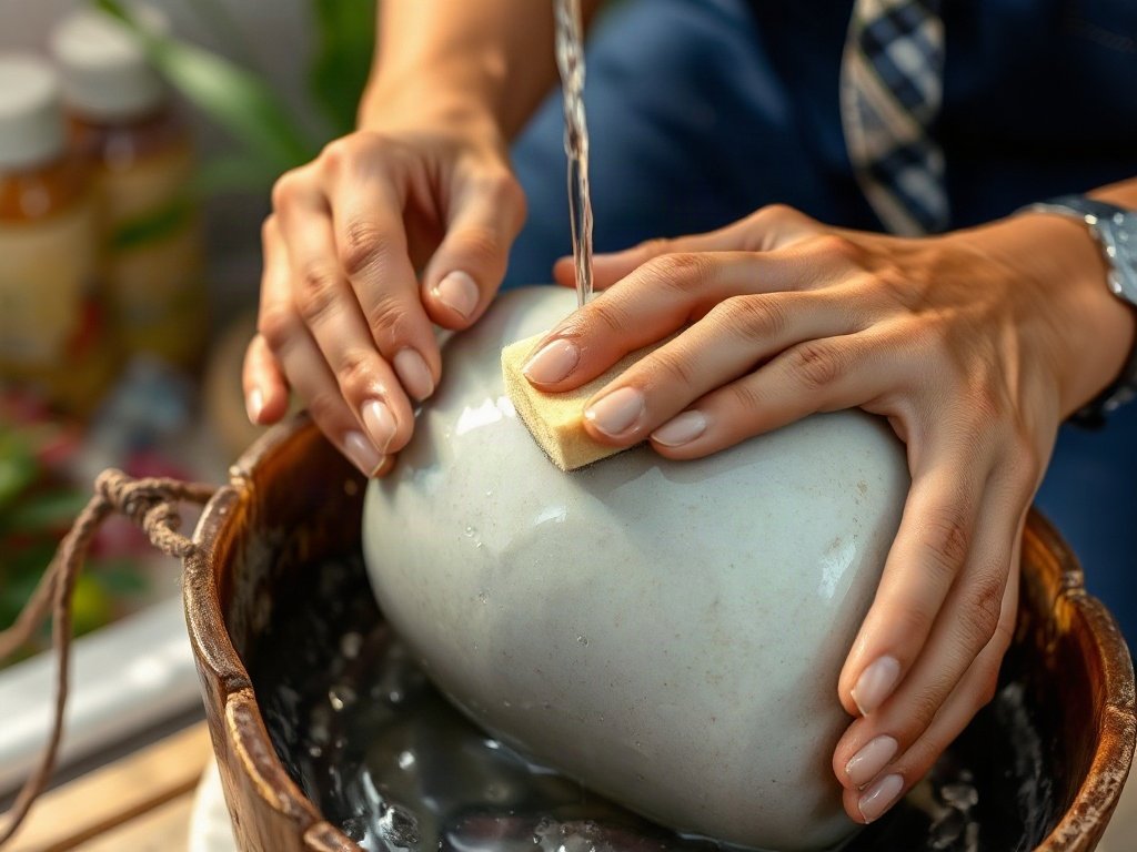 Người Việt Nam rửa bình gốm bằng bọt biển mềm