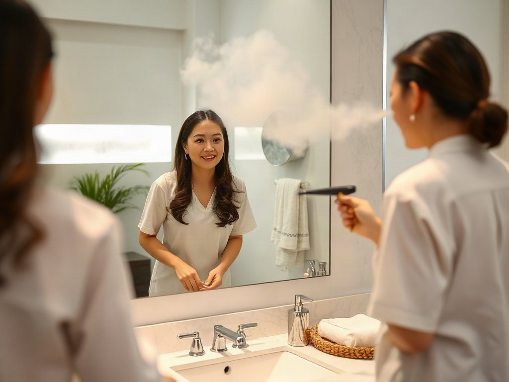 Người Việt Nam thể hiện cách làm sạch gương bằng hơi nước trong phòng tắm kiểu spa.