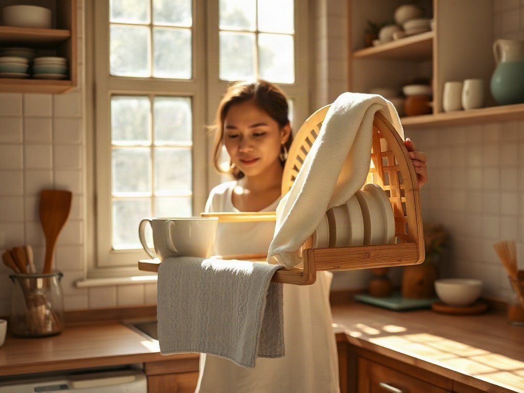Người Việt phơi khô giá đựng bát tre bằng khăn mềm trong bếp sáng sủa.