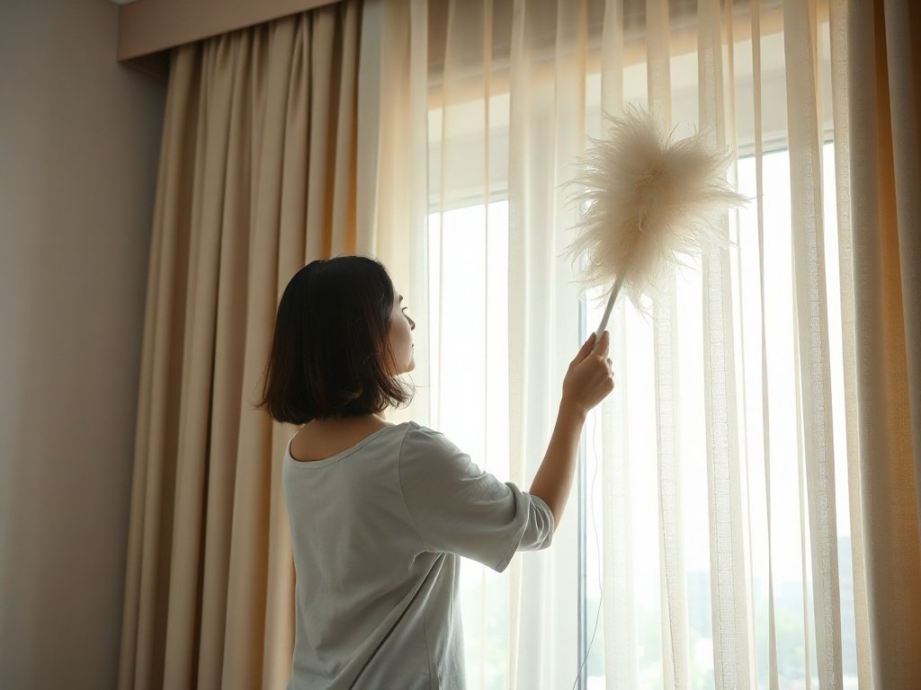 Người Việt phủi bụi rèm cửa bằng chổi lông gà.