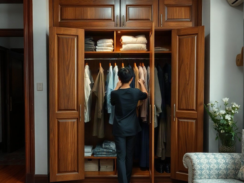 Người Việt sắp xếp quần áo trong tủ gỗ tự nhiên 5 cánh