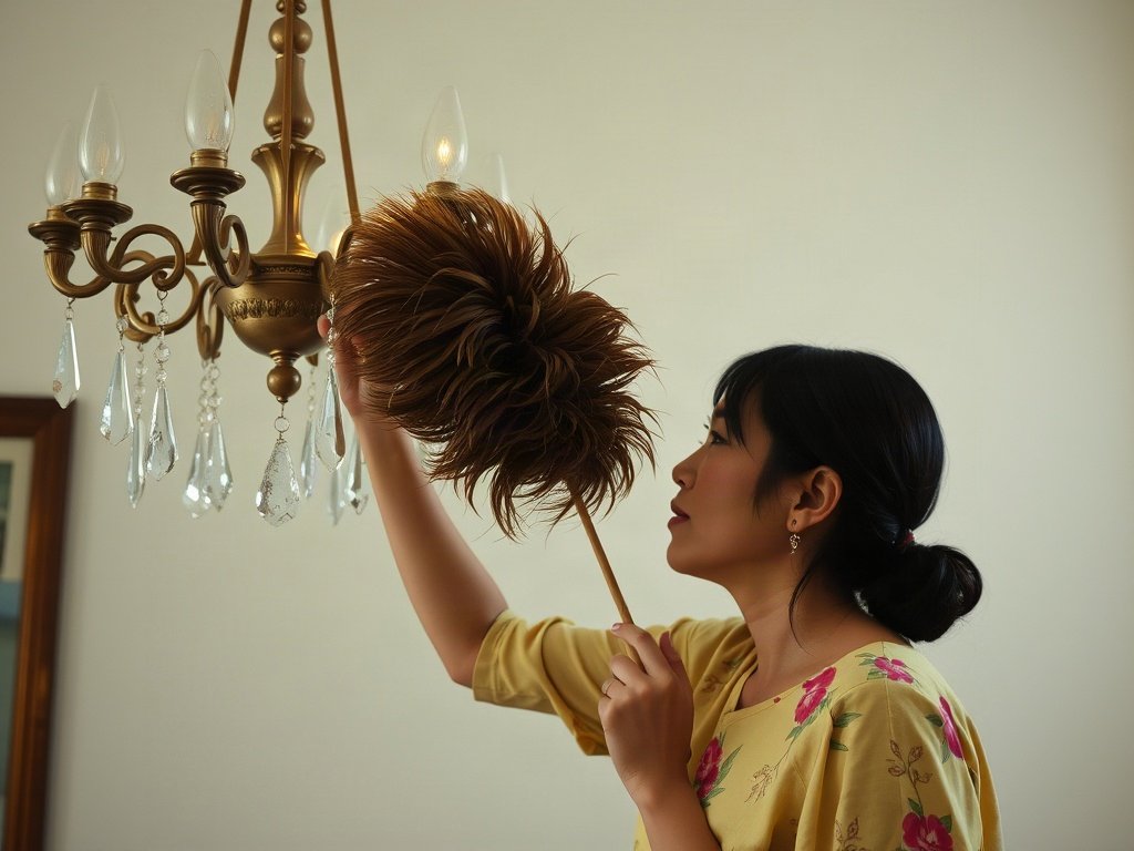 Người Việt sử dụng chổi lông mềm trên đèn chùm