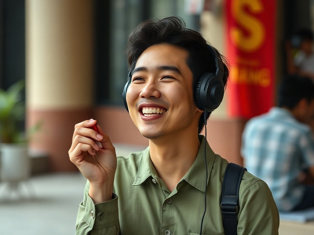 Người Việt vui vẻ nghe nhạc với tai nghe không dây vừa được vệ sinh