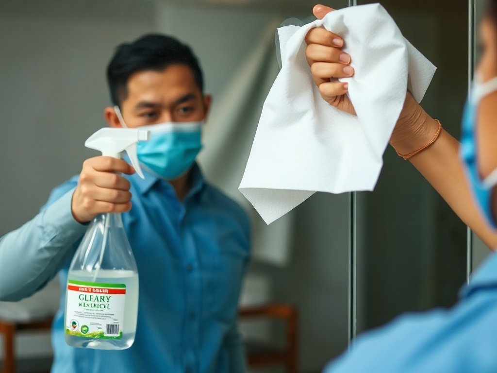 Người Việt xịt nước lau kính và dùng giấy lau gương phòng tắm