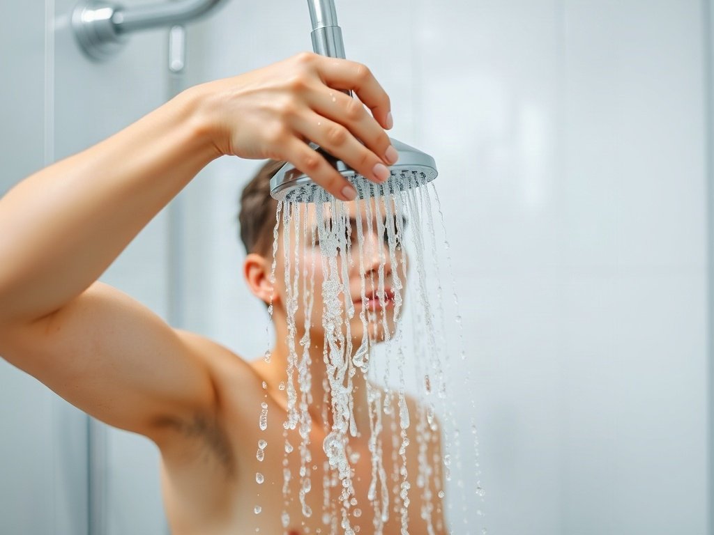 Người xả sạch đầu sen sau khi ngâm, phòng tắm sạch trong nền.