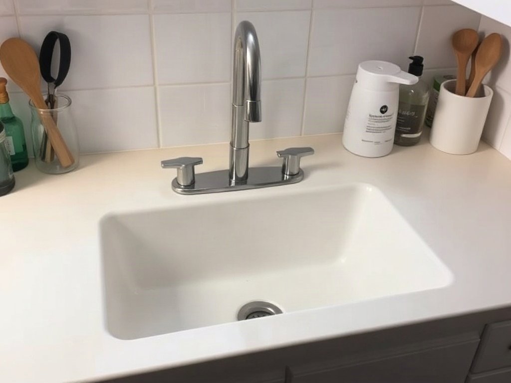 Nhà bếp gọn gàng với bồn rửa sạch sẽ, bảo trì tốt.