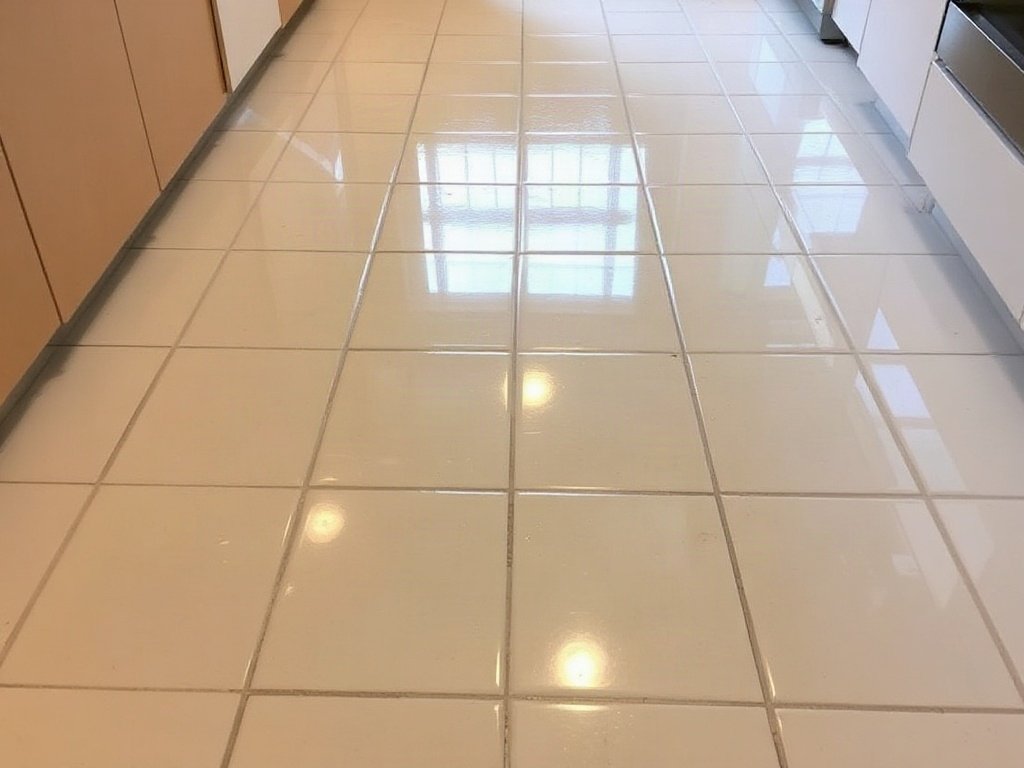 Nhà bếp với gạch men sạch và sáng long lanh như mới.