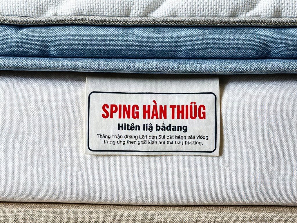 Nhãn vệ sinh trên nệm lò xo với chữ tiếng Việt