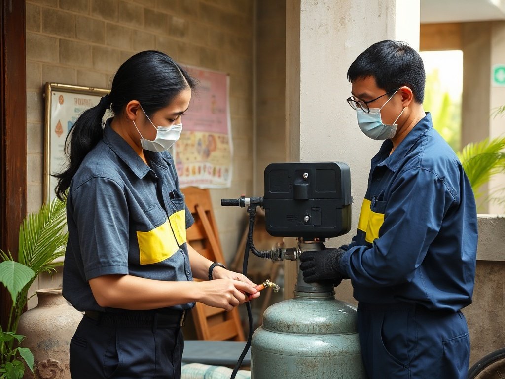 Nhân viên bảo trì thực hiện bảo dưỡng máy lọc