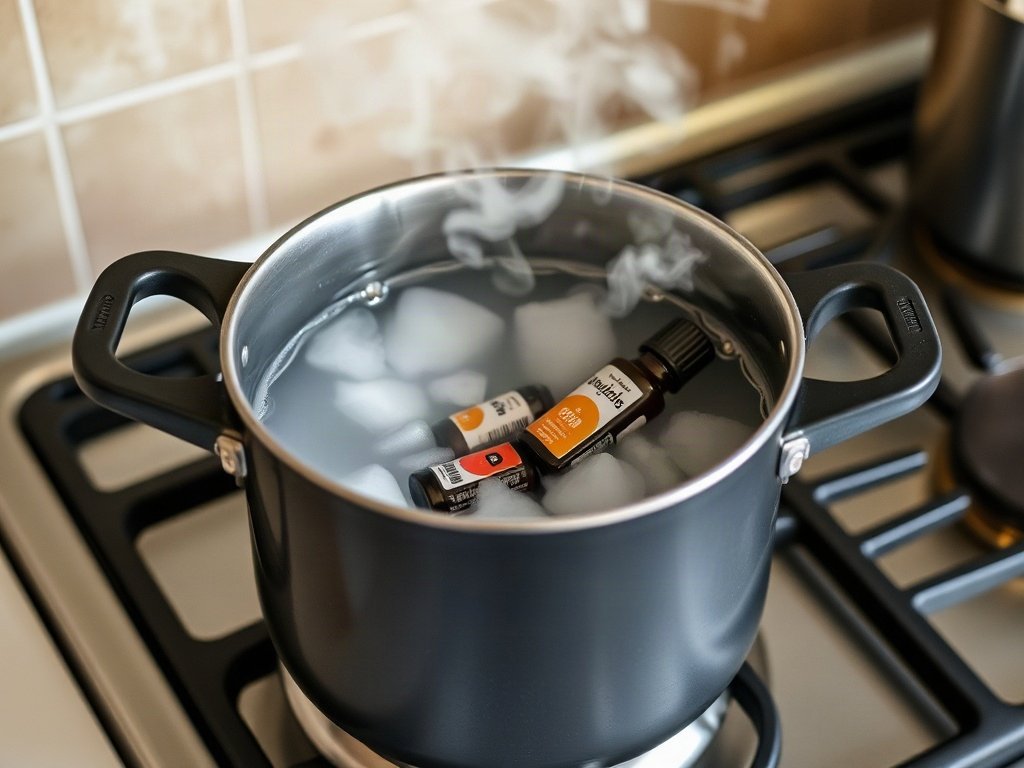 Nồi nước sôi với tinh dầu trên bếp, tỏa hơi làm tươi mới không gian.