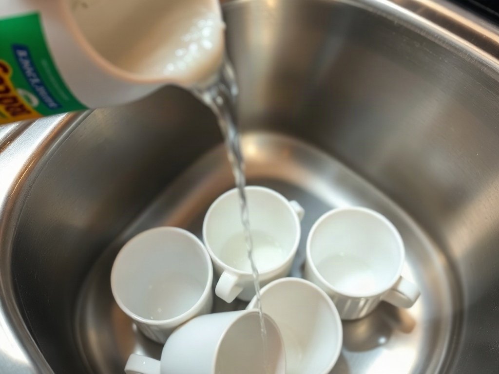 Nước ấm với xà phòng chảy vào bồn rửa bát với cốc sứ bên trong.