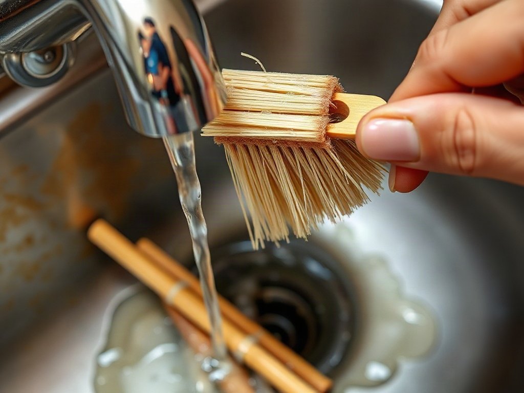 Ống hút tre được rửa dưới vòi cùng bàn chải nhỏ, minh họa sự sạch sẽ tỉ mỉ.