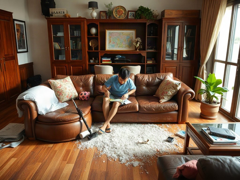 Phòng khách Việt gọn gàng với ghế sofa da không bụi bẩn