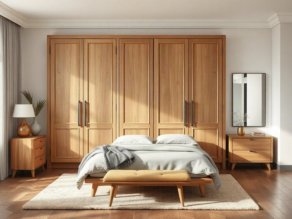 Phòng ngủ hài hòa với tủ quần áo gỗ tự nhiên sang trọng