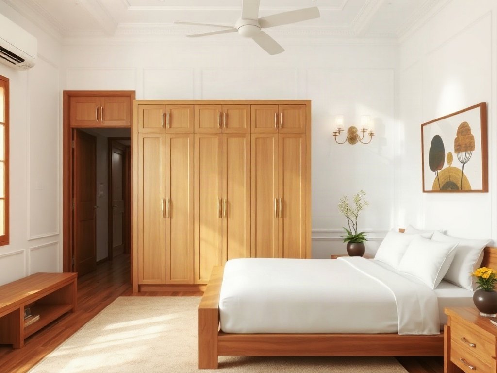 Phòng ngủ rộng rãi với tủ quần áo gỗ tự nhiên 5 cánh làm trung tâm