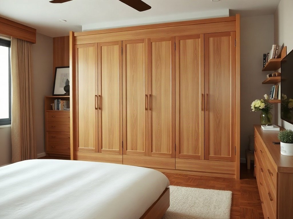 Phòng ngủ Việt Nam với tủ quần áo gỗ tự nhiên 5 cánh