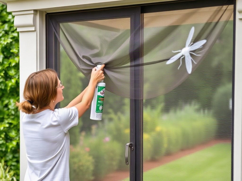 Phun chất bảo vệ trên cửa lưới chống muỗi.
