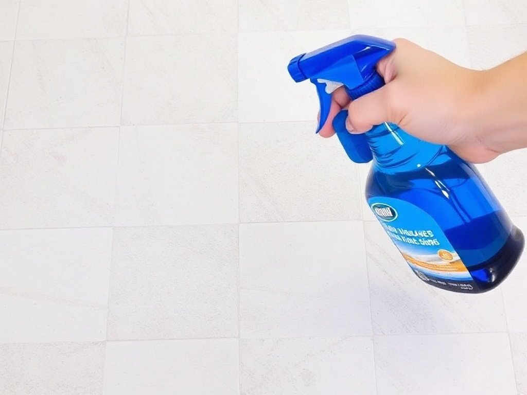 Phun dung dịch làm sạch chuẩn bị tẩy vết sơn trên gạch.