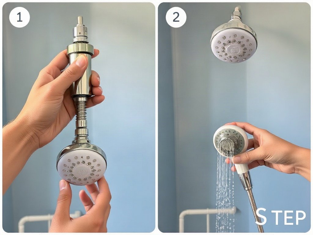 Quá trình từng bước tháo lắp đầu sen để vệ sinh sâu, tay người Việt Nam.