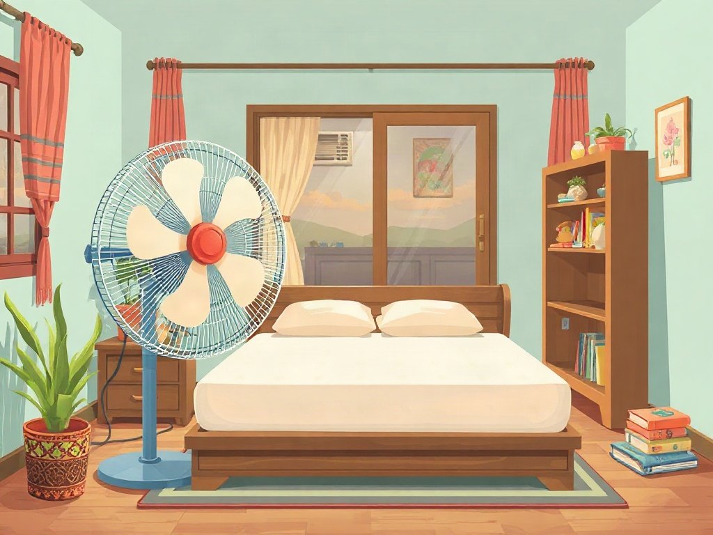 Quạt lớn đang làm khô đệm trong nhà của người Việt.