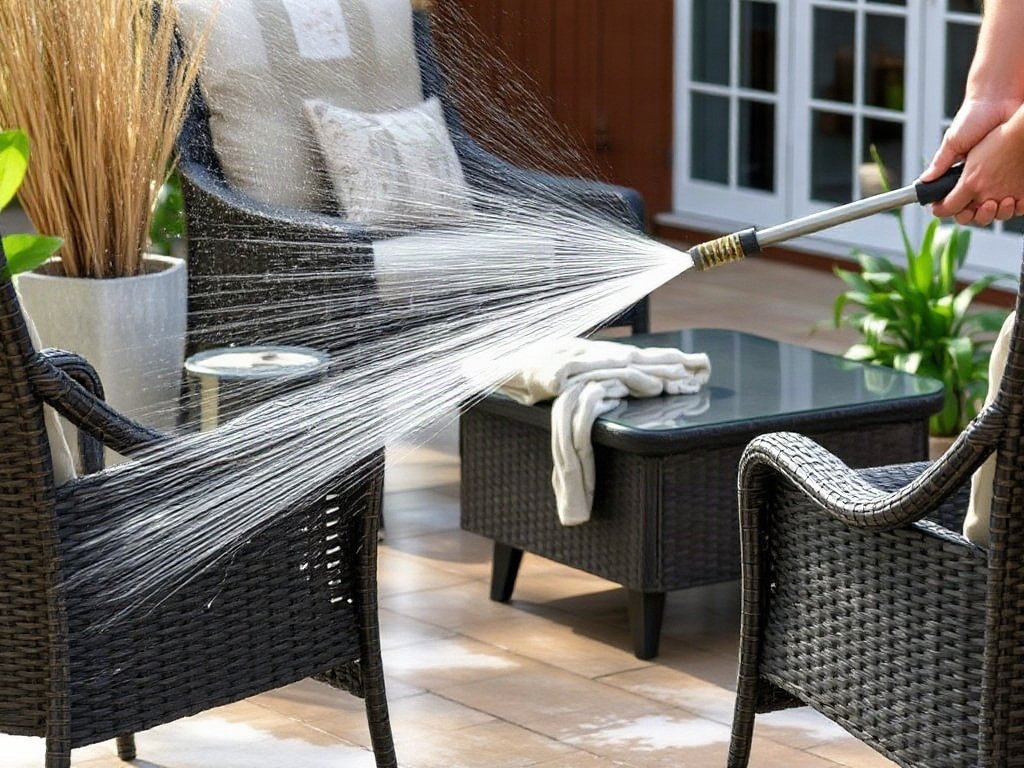 Rửa sạch đồ nội thất mây tre bằng vòi nước.
