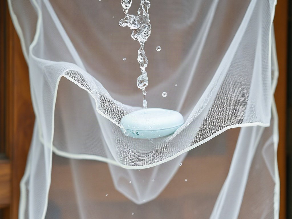 Rửa sạch xà phòng trên cửa lưới chống muỗi.