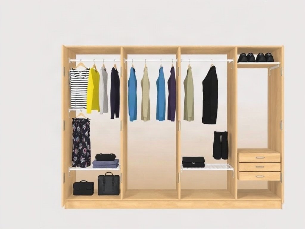 Sơ đồ tủ quần áo 5 cánh với các khu vực chuyên dụng