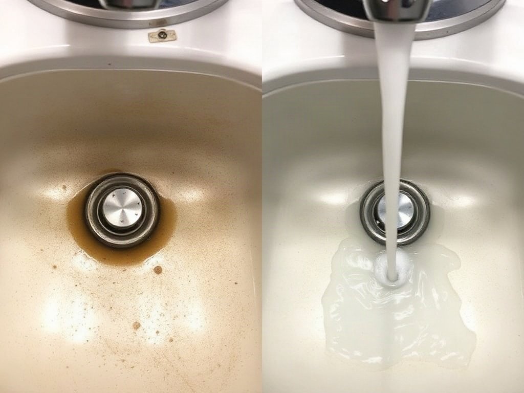 So sánh bồn rửa bị tắc nghẽn và bồn rửa nước chảy thông thoáng.