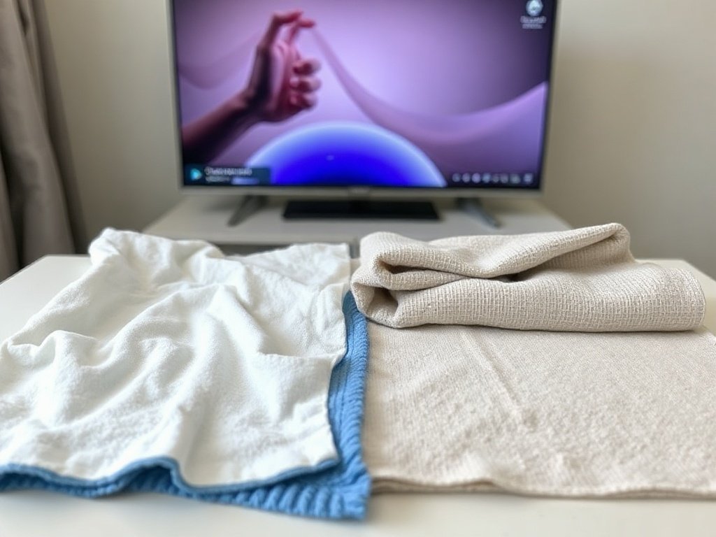 So sánh các loại vải: cotton và microfiber bên cạnh tivi.
