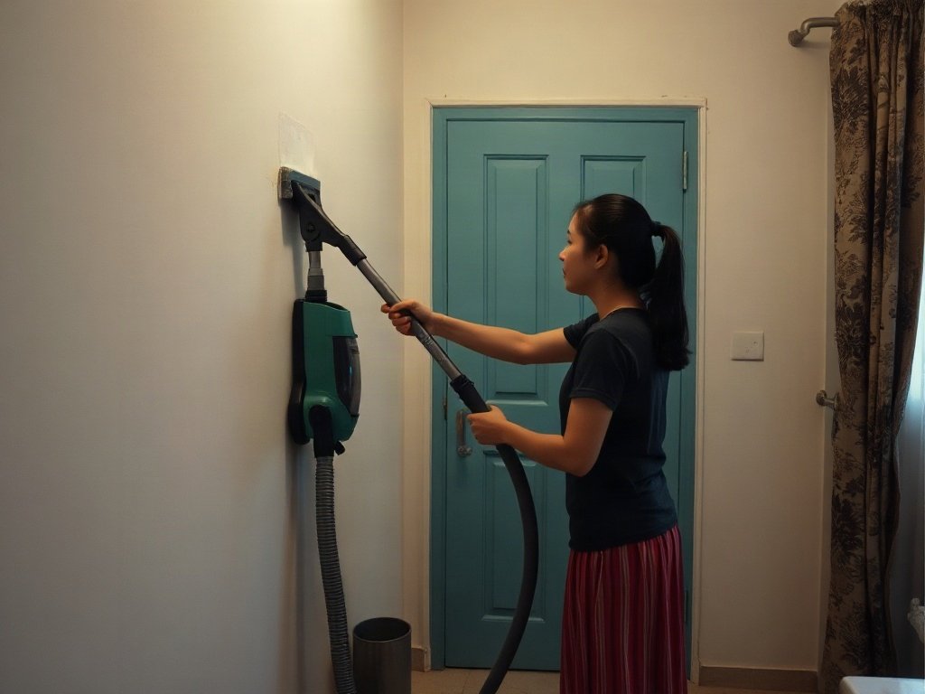 Sử dụng máy hút bụi làm sạch tường trong ngôi nhà Việt