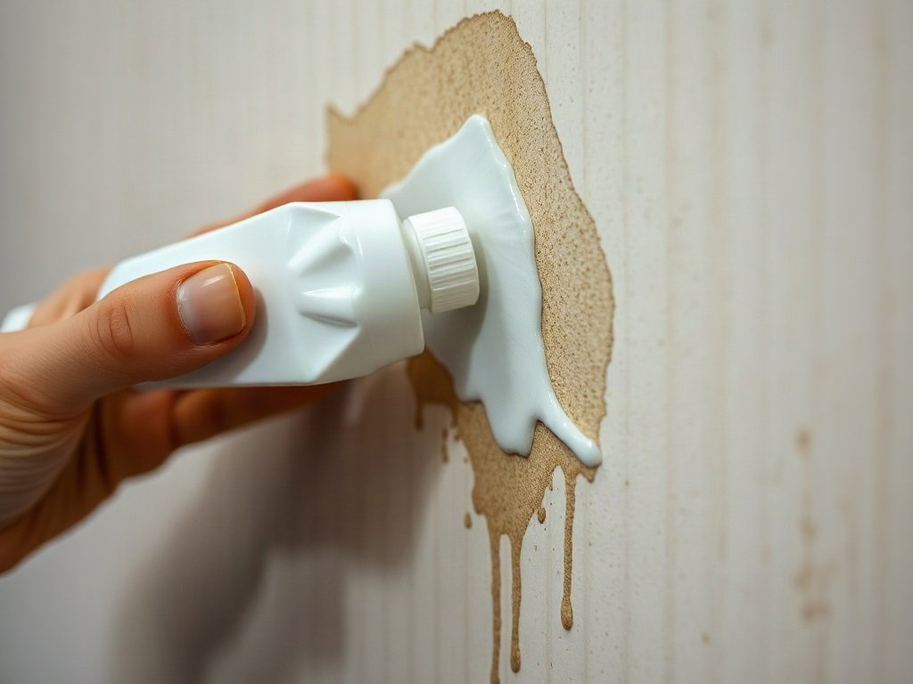 Tay áp dụng kem đánh răng lên vết bút dạ trên tường