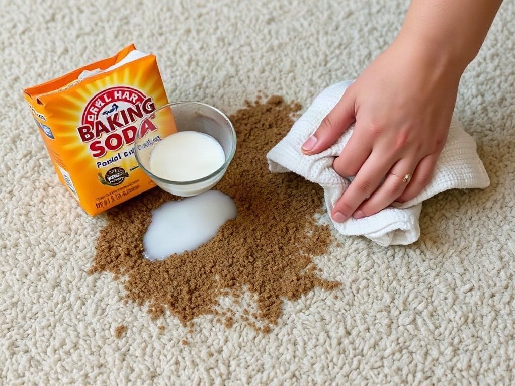 Tay bôi hỗn hợp baking soda lên vết cà phê trên thảm
