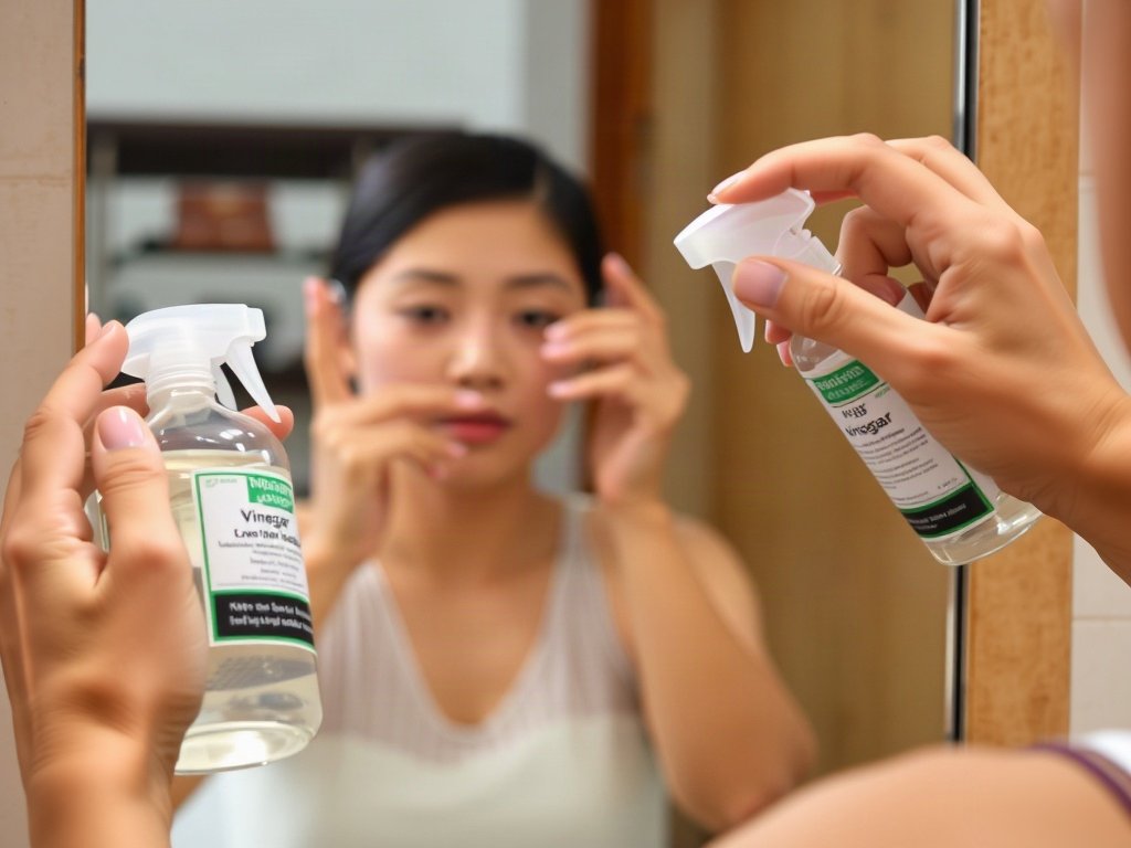 Tay đang xịt dung dịch giấm lên gương trang điểm phản chiếu hình ảnh người Việt.