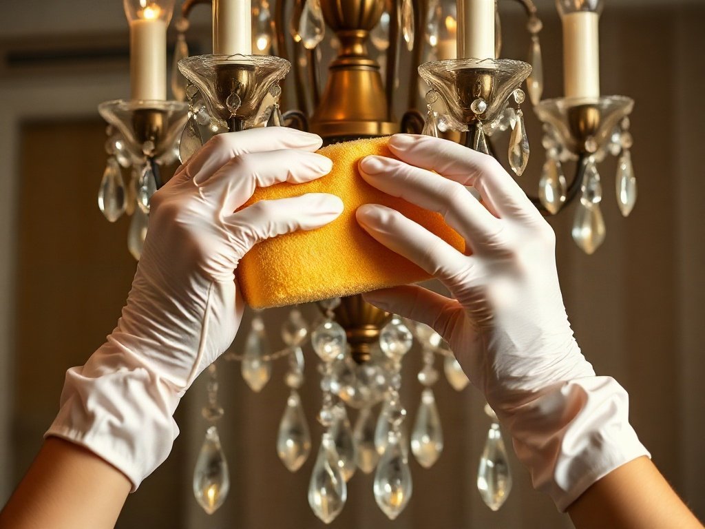 Tay đeo găng cầm bọt biển lau đèn chùm lấp lánh