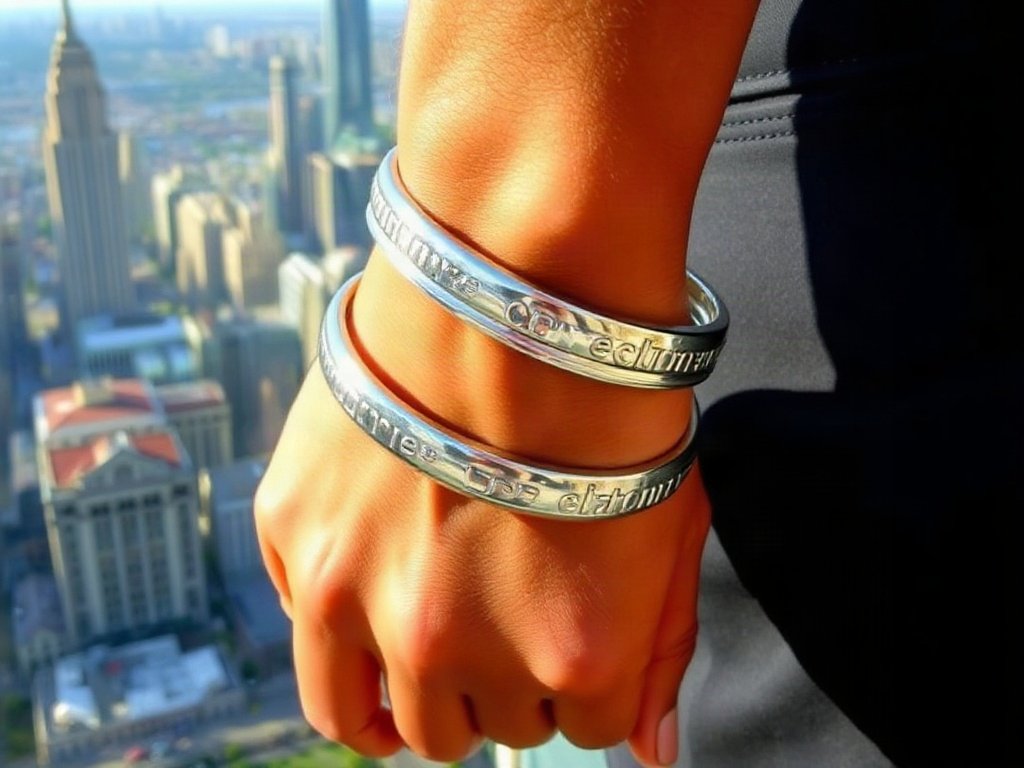 Tay đeo vòng tay bạc sáng bóng với cảnh thành phố phía sau