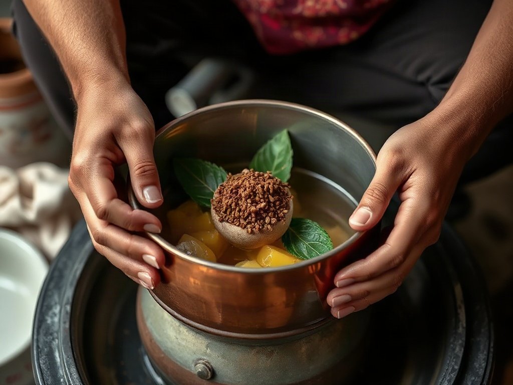 Tay làm sạch nồi đồng bằng nguyên liệu tự nhiên.