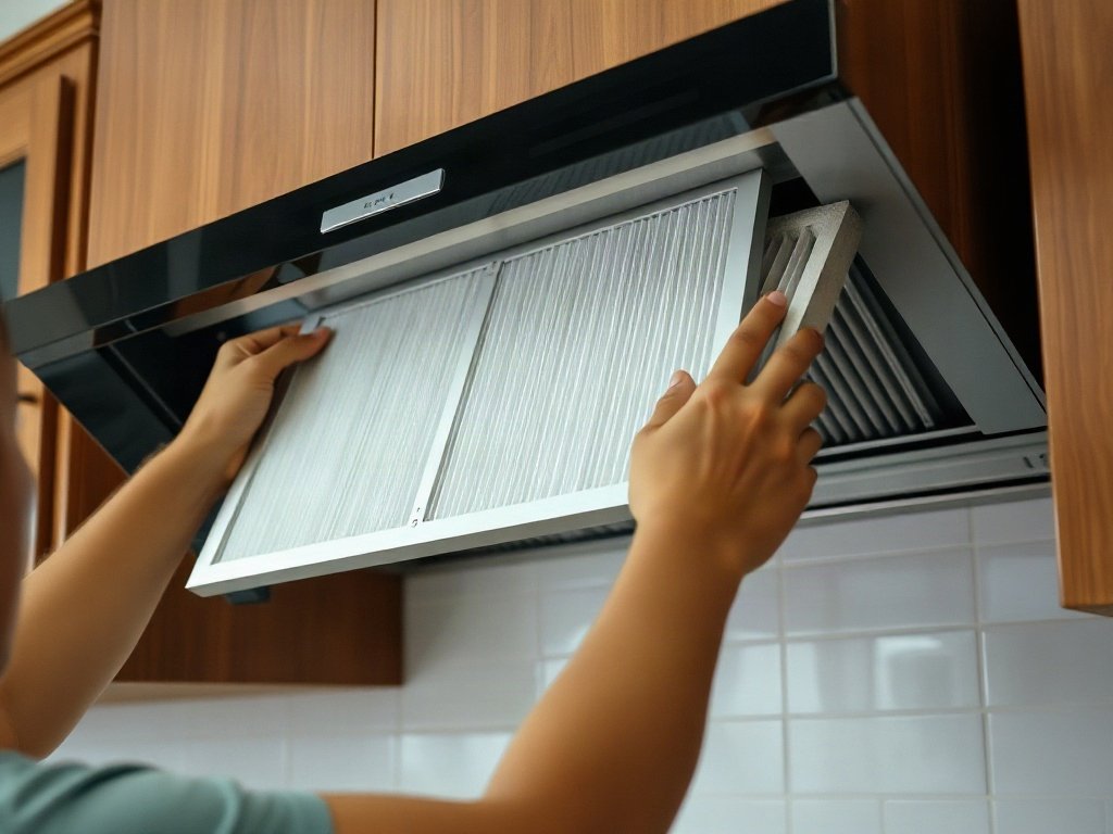 Tháo bộ lọc máy hút mùi trong một gian bếp kiểu Việt hiện đại