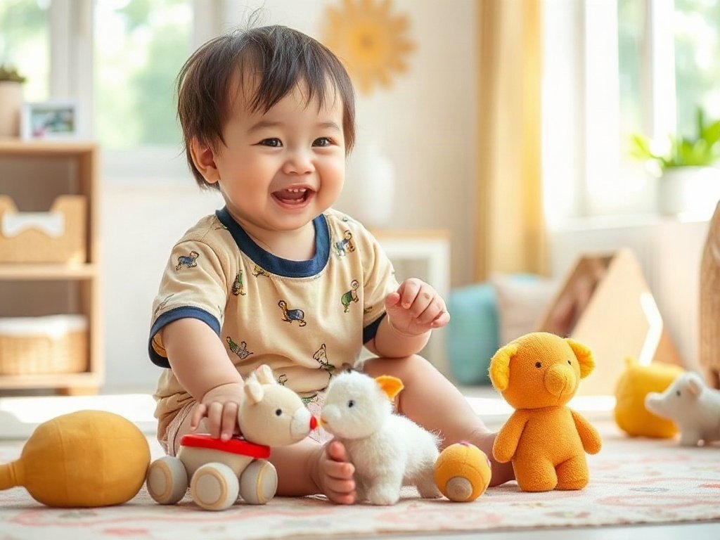 Trẻ em Việt vui chơi với đồ chơi vải vừa được làm sạch trong phòng sáng sủa.