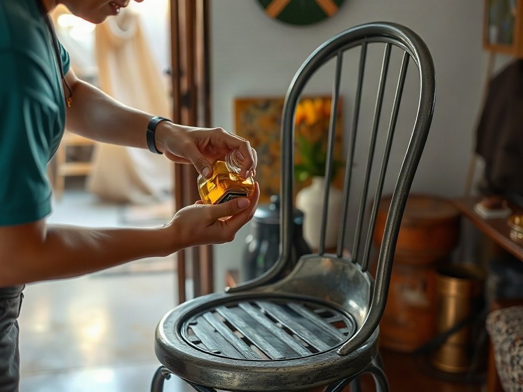 Ai đó áp dụng dầu lên ghế kim loại, thể hiện phương pháp bảo vệ bên trong nhà Việt.