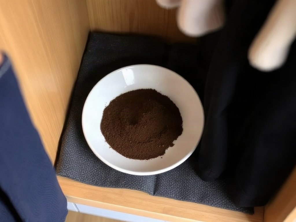 Bã cà phê trên đĩa nhỏ đặt trong tủ quần áo