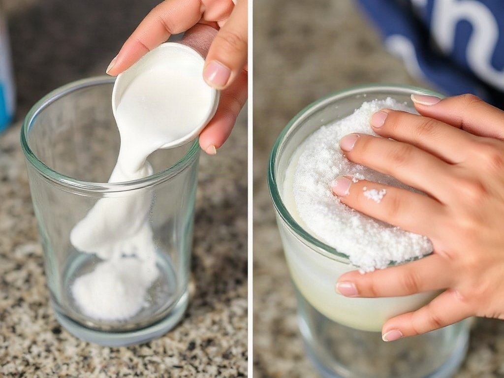 Baking soda được áp dụng lên bình thủy tinh mờ, quá trình chà xát bởi người Việt.