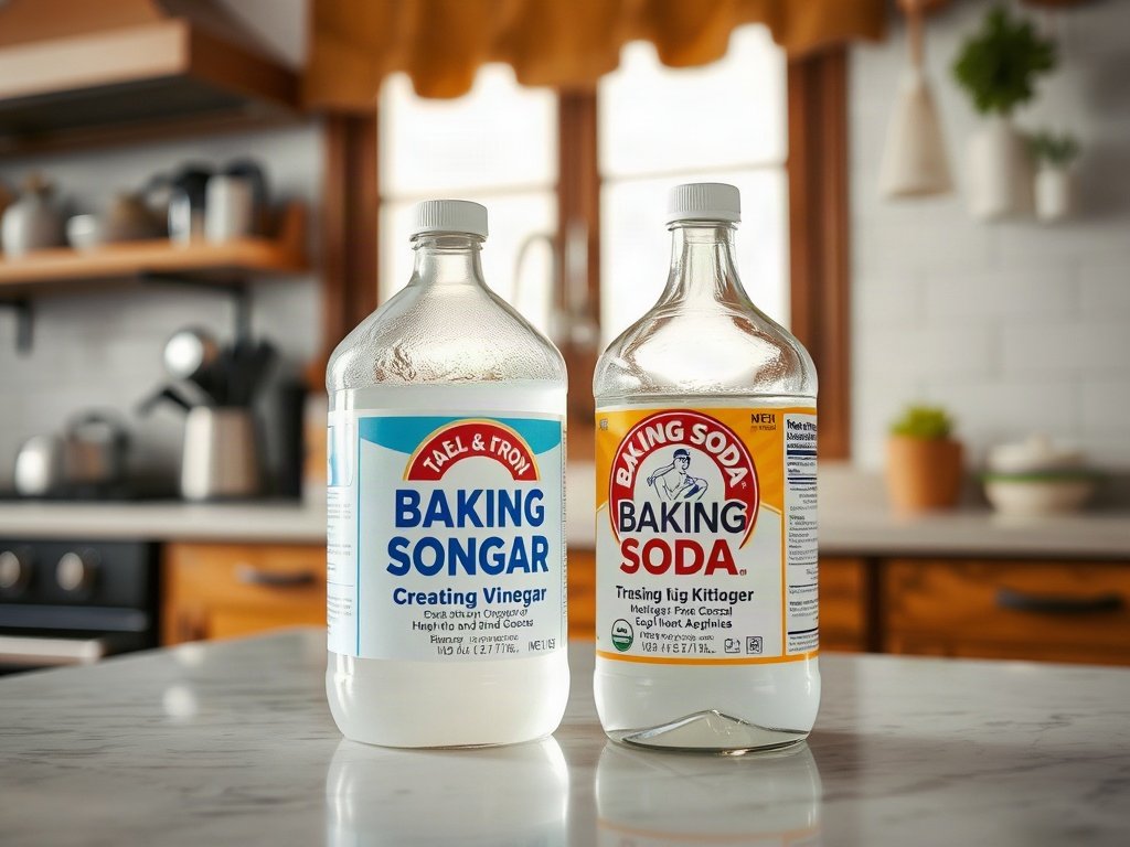 Baking soda và giấm trên bàn bếp trong ngôi nhà Việt Nam