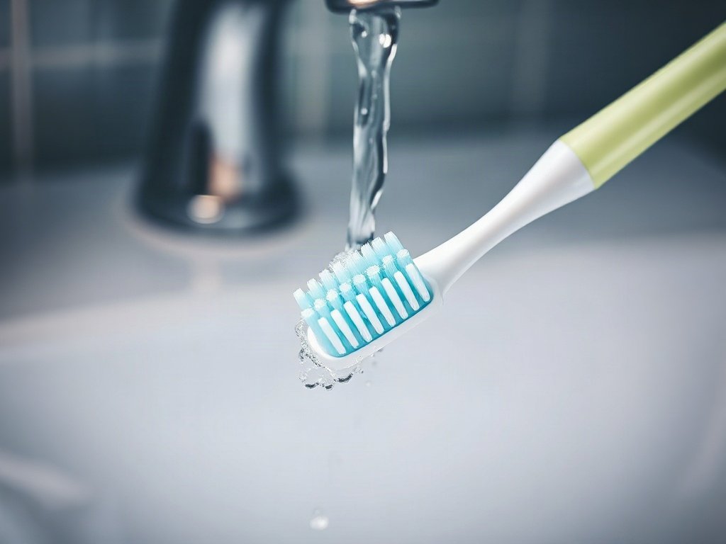 Bàn chải đánh răng đang được rửa dưới vòi nước