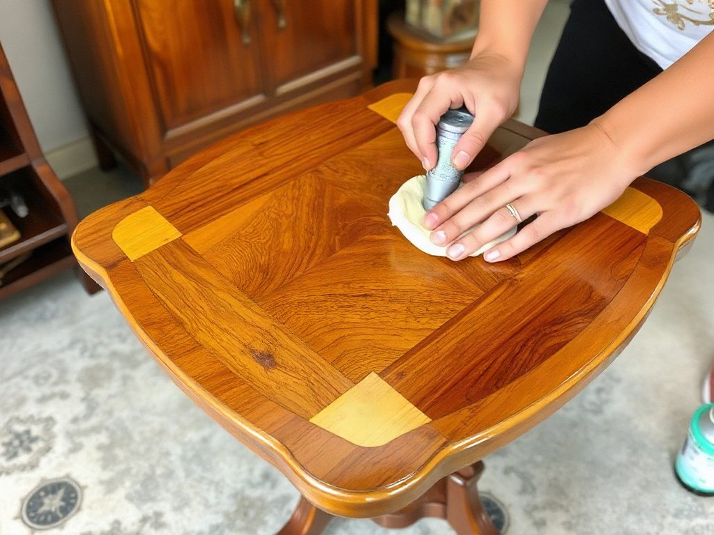 Bàn gỗ có khảm trai được người Việt Nam đánh bóng