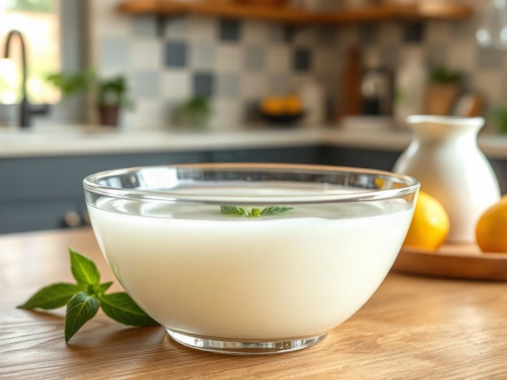 Bát giấm trắng trên bàn bếp với hương thơm tươi mát