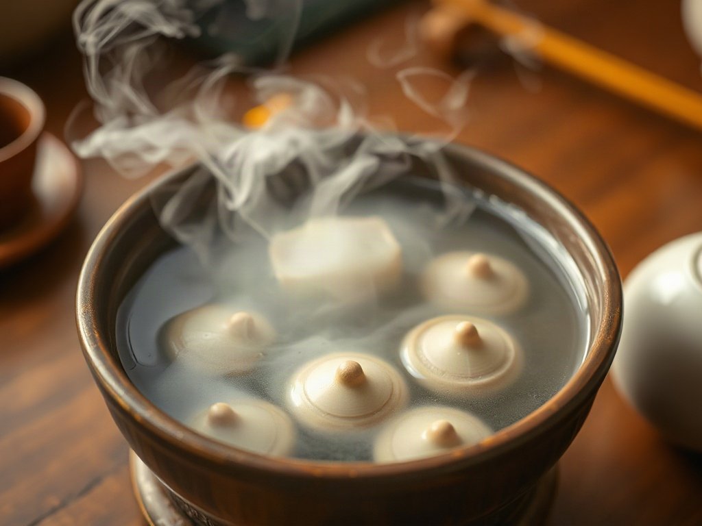 Bát nước nóng với hơi nước bao quanh các đồ gốm nhỏ gần đó