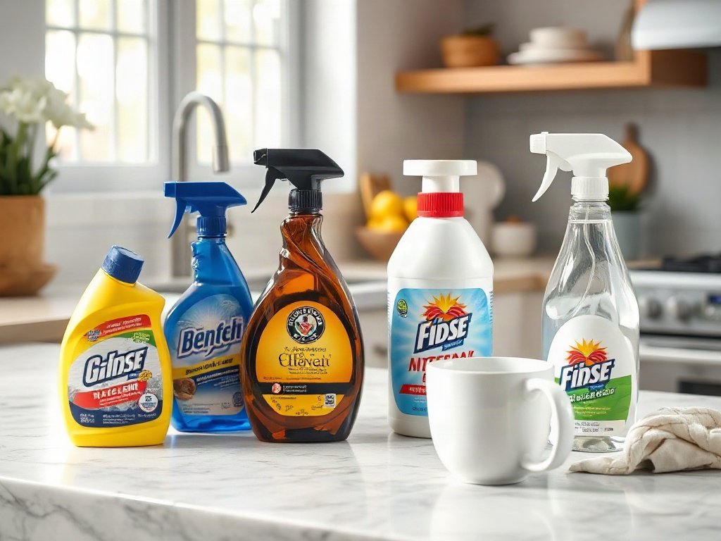 Bề mặt bếp sáng với các sản phẩm vệ sinh cốc bẩn.