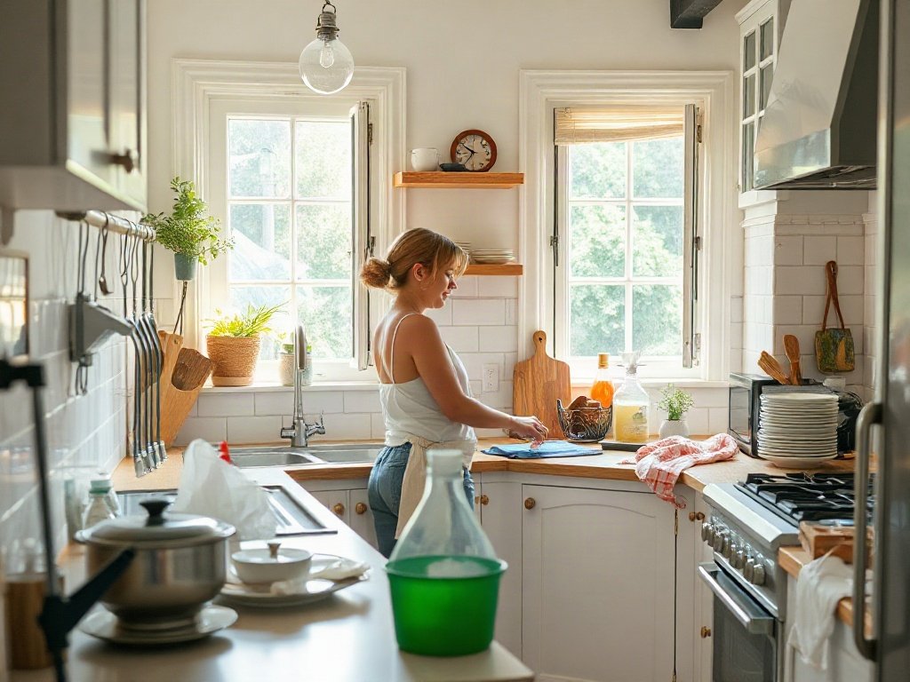 Bếp có ánh sáng tự nhiên với người đang làm sạch đồ nhà bếp