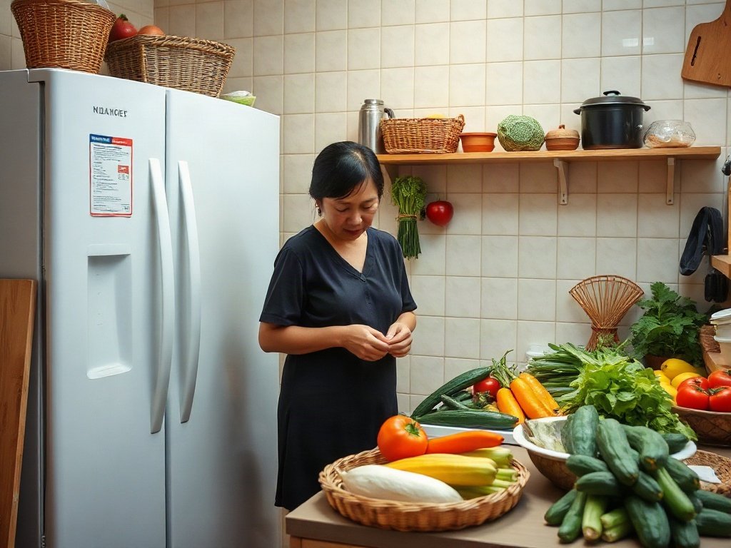 Bếp gia đình với tủ lạnh và người Việt sắp xếp thực phẩm