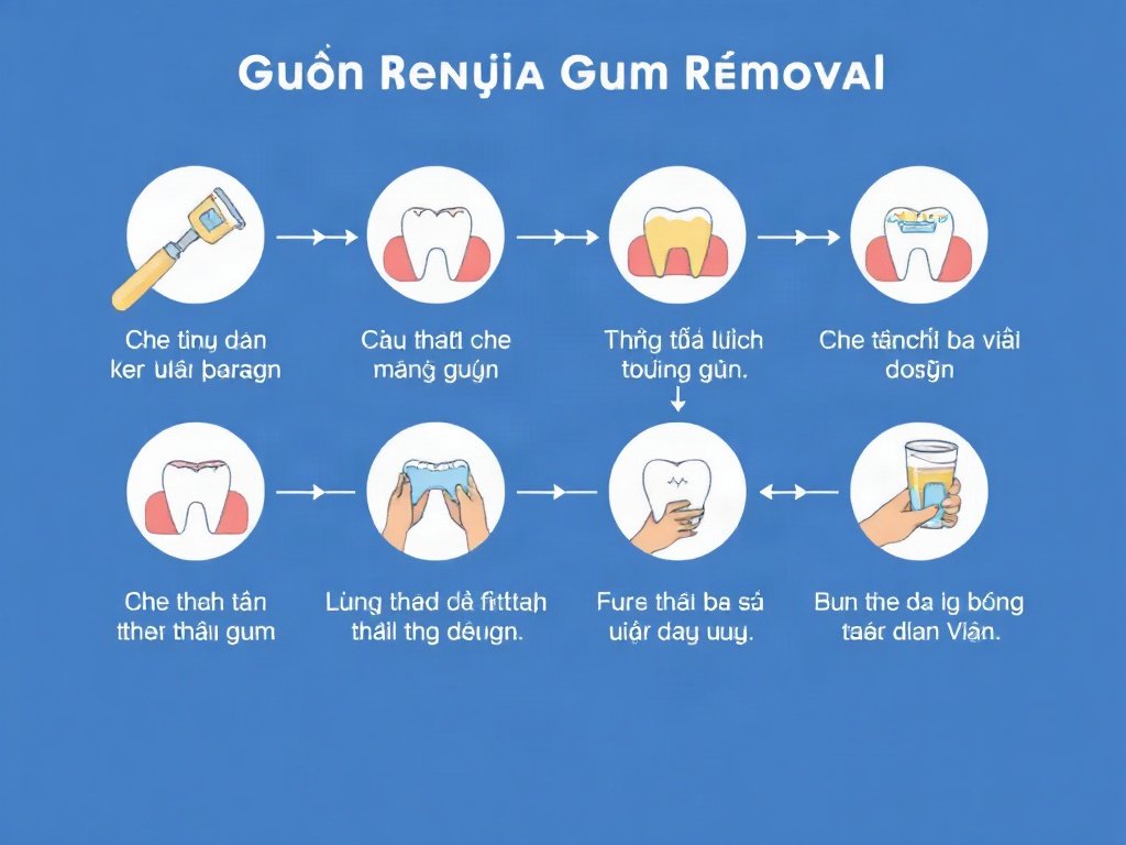 Biểu đồ các bước gỡ kẹo cao su với minh họa và chú thích